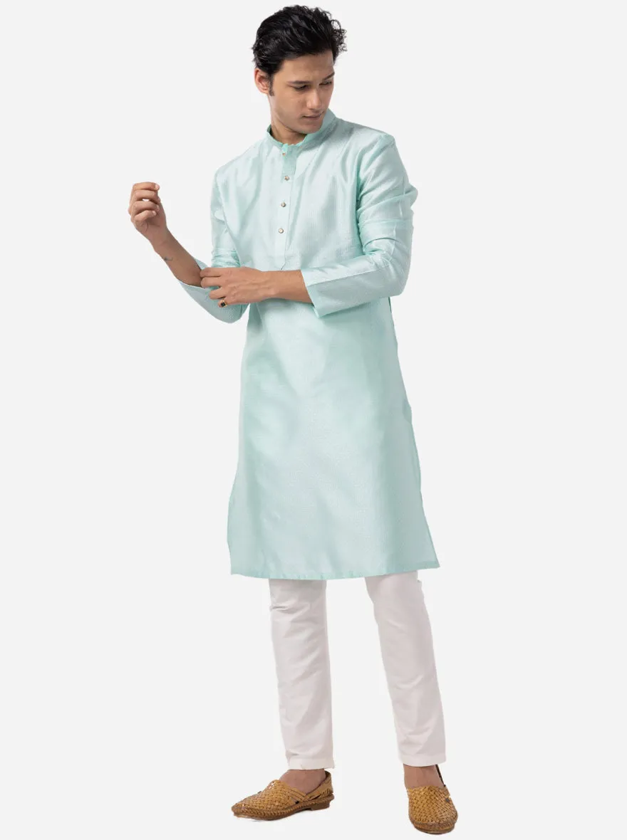 Aquamarine Blue Self Textured Cotton Blend Kurta for Men