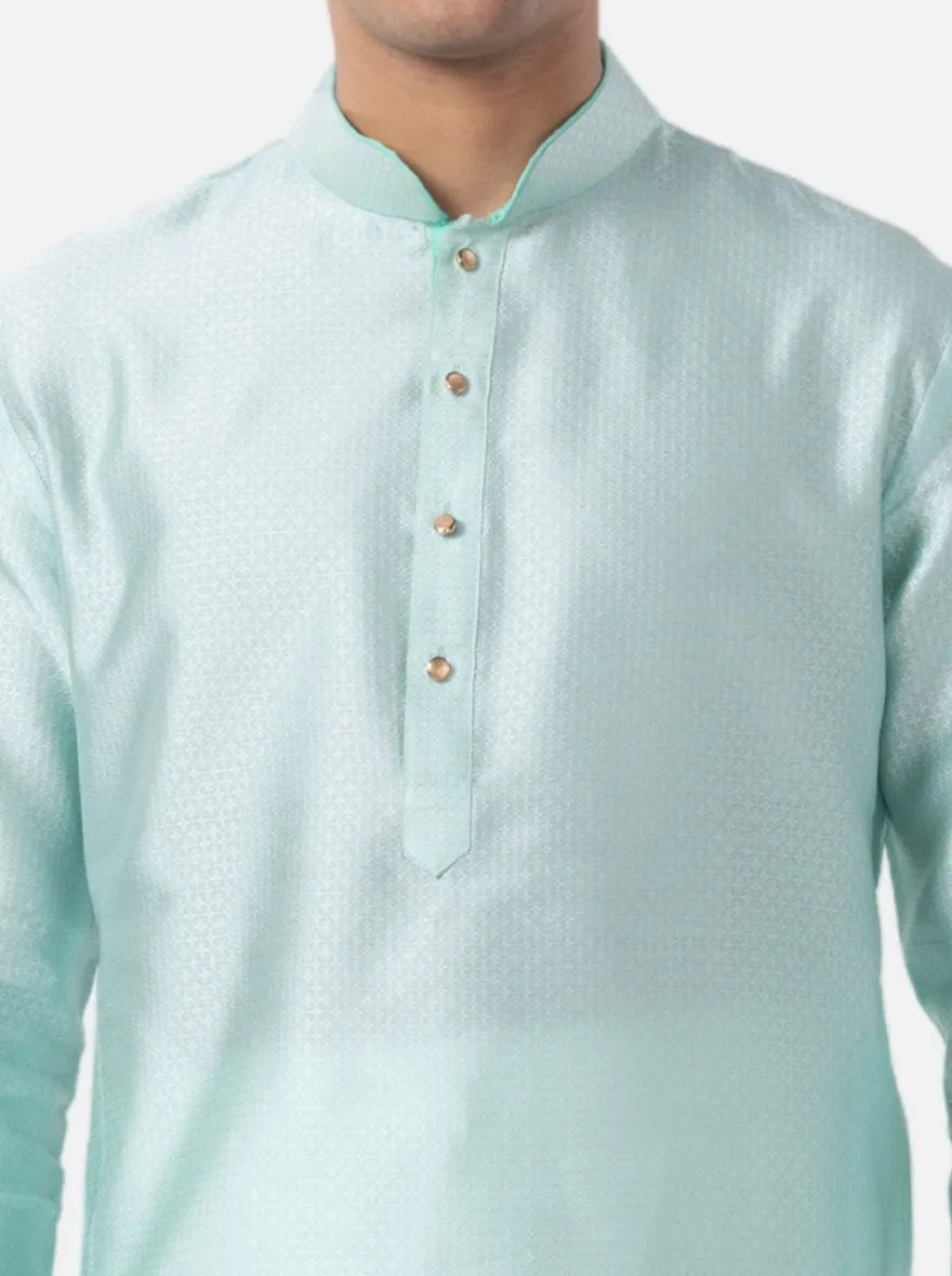 Aquamarine Blue Self Textured Cotton Blend Kurta for Men