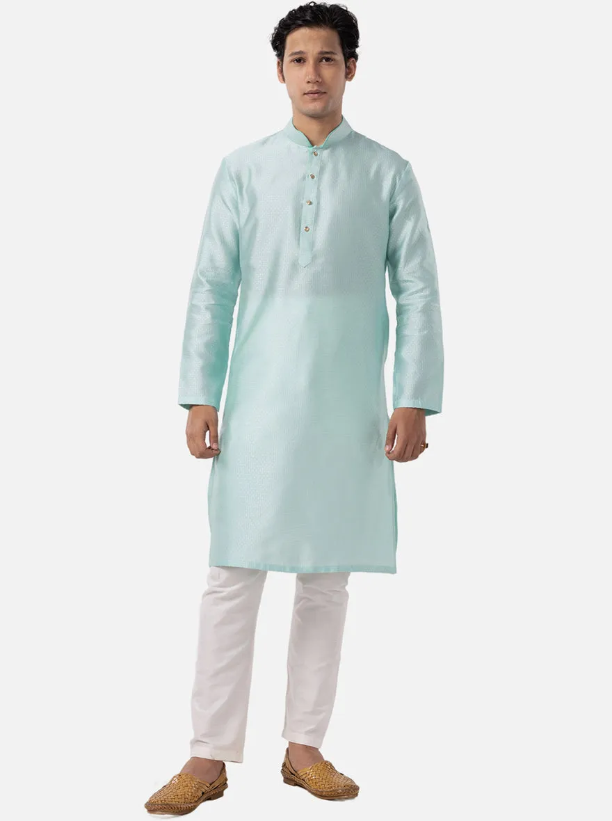 Aquamarine Blue Self Textured Cotton Blend Kurta for Men