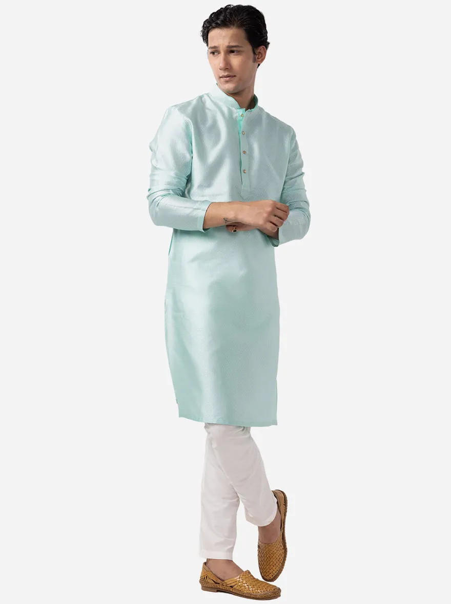 Aquamarine Blue Self Textured Cotton Blend Kurta for Men