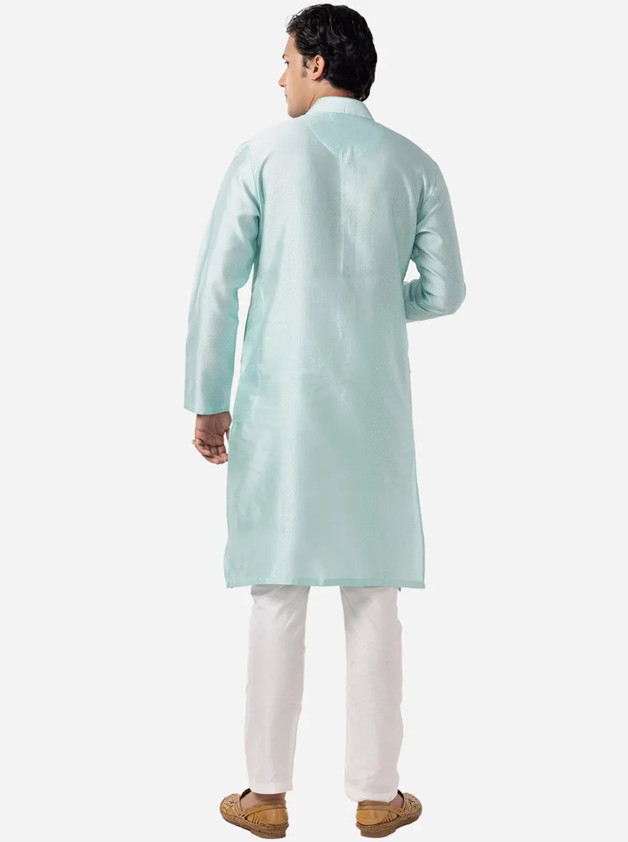 Aquamarine Blue Self Textured Cotton Blend Kurta for Men