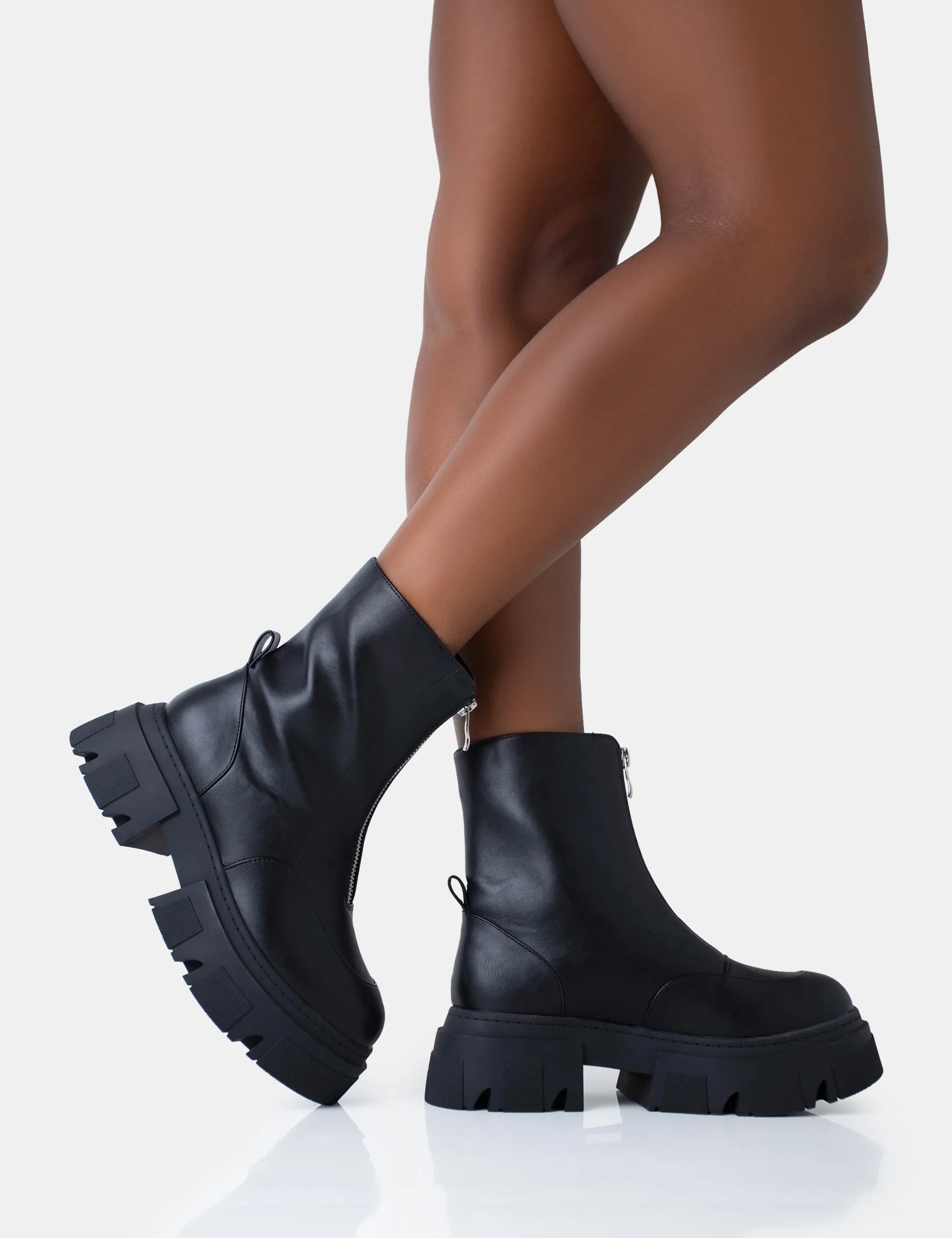 Bergen Black Pu Zip Up Detailed Rounded Toe Chunky Soled Ankle Boots