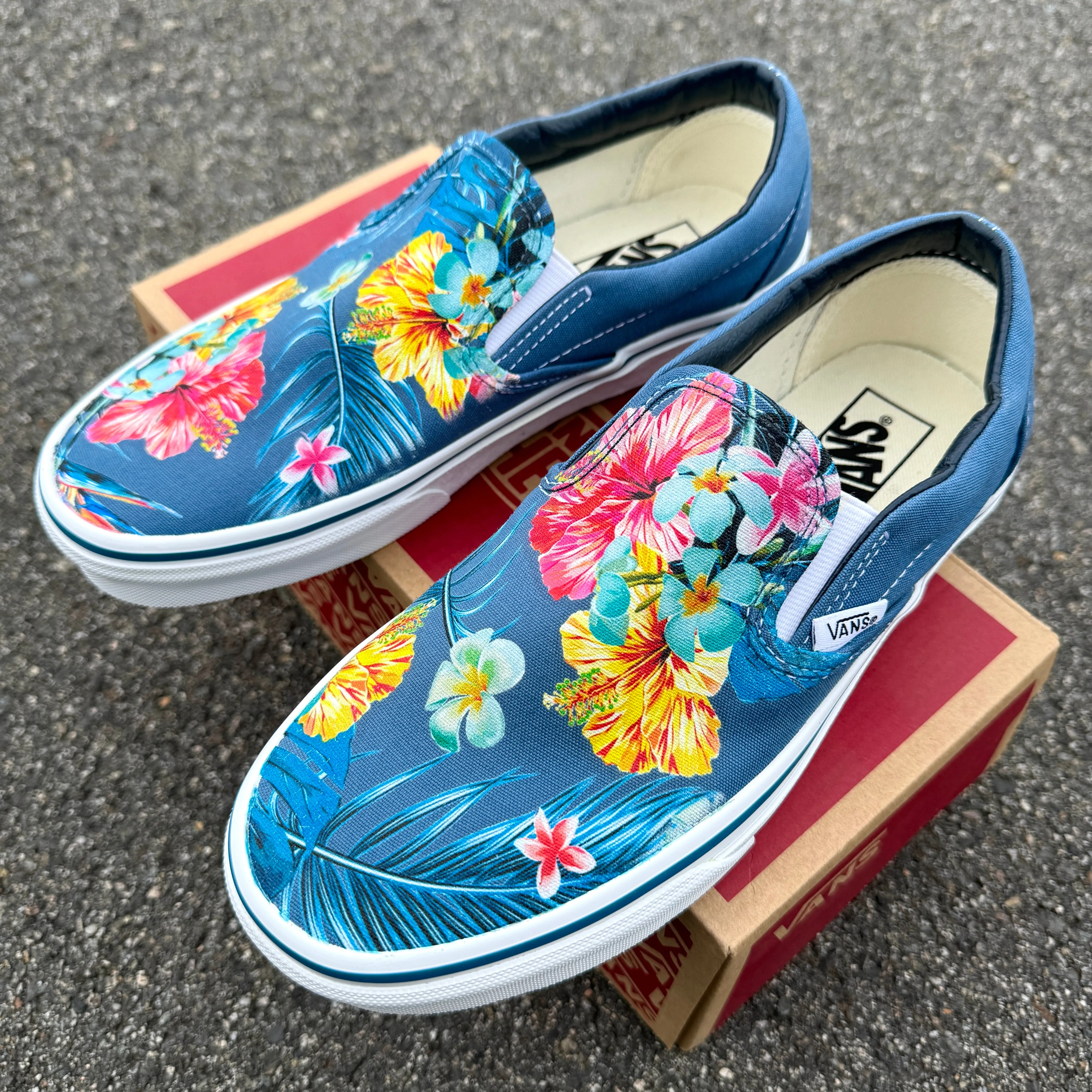 Blue Hawaiian Flowers - Custom Slip Ons - Custom Vans Shoes