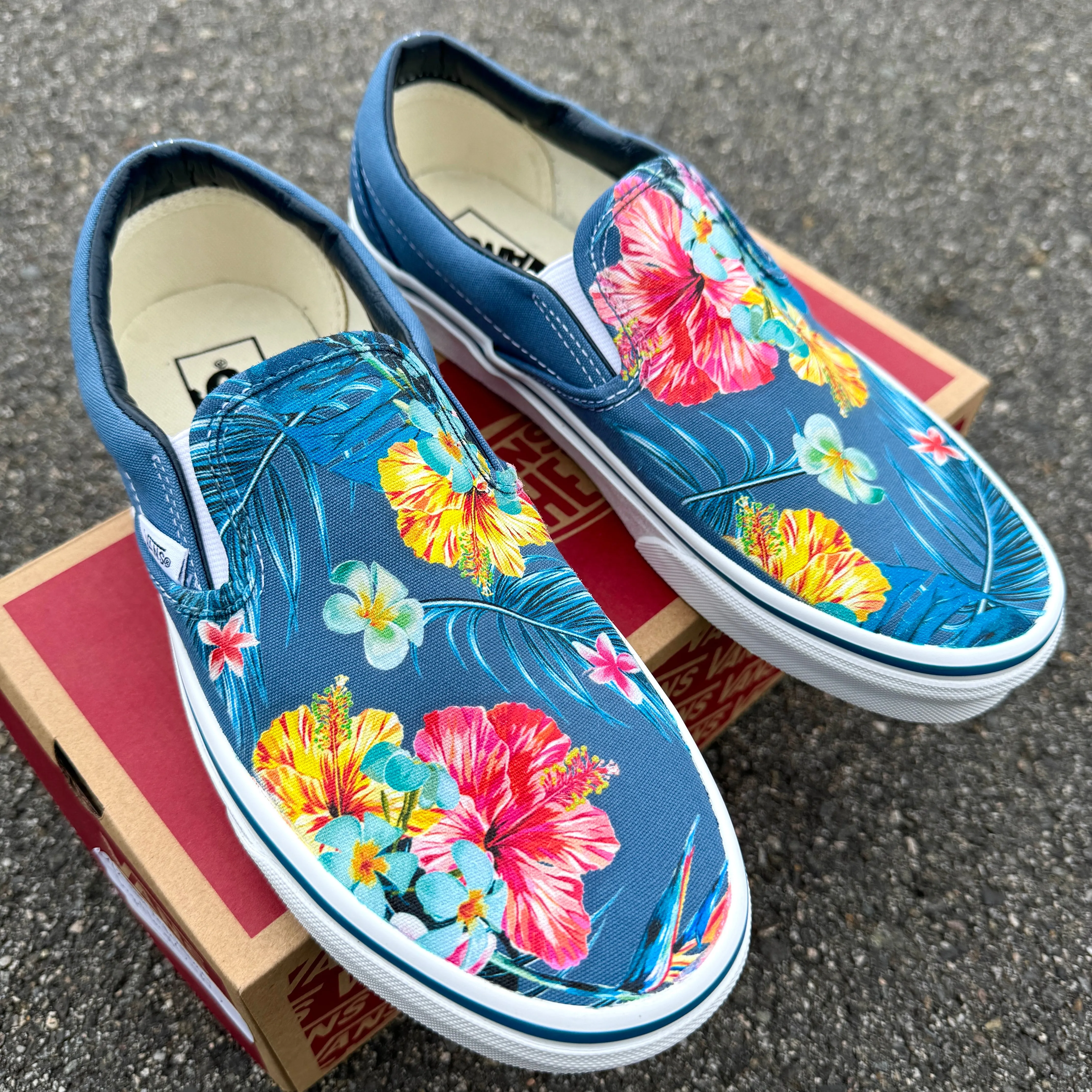 Blue Hawaiian Flowers - Custom Slip Ons - Custom Vans Shoes