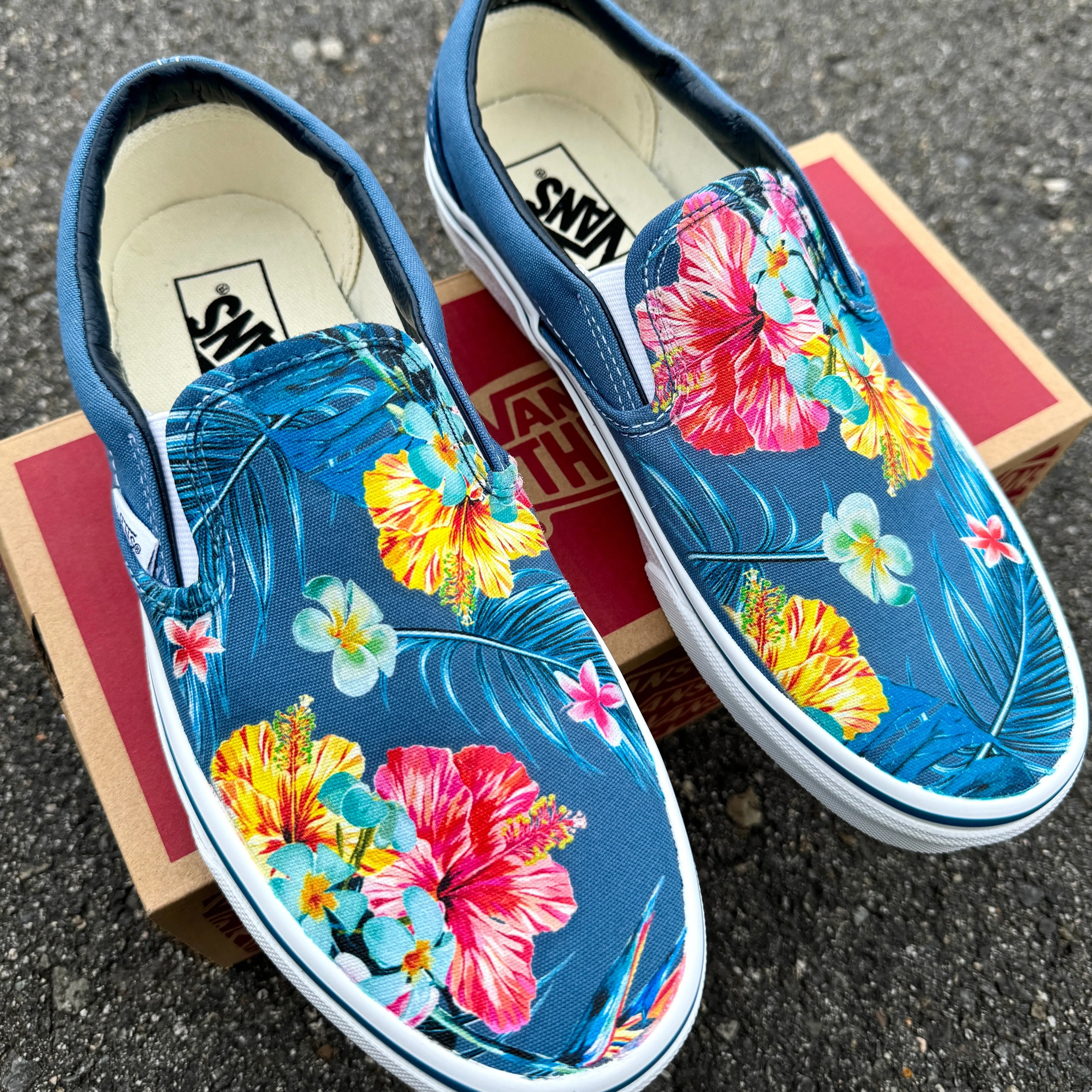 Blue Hawaiian Flowers - Custom Slip Ons - Custom Vans Shoes