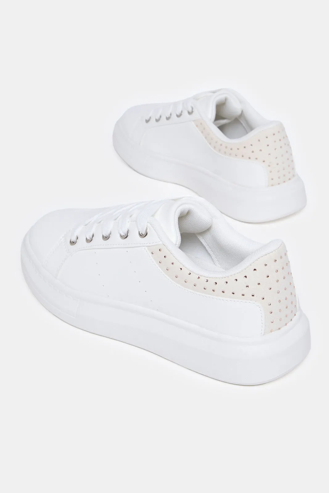 Girls White Diamante Sneakers