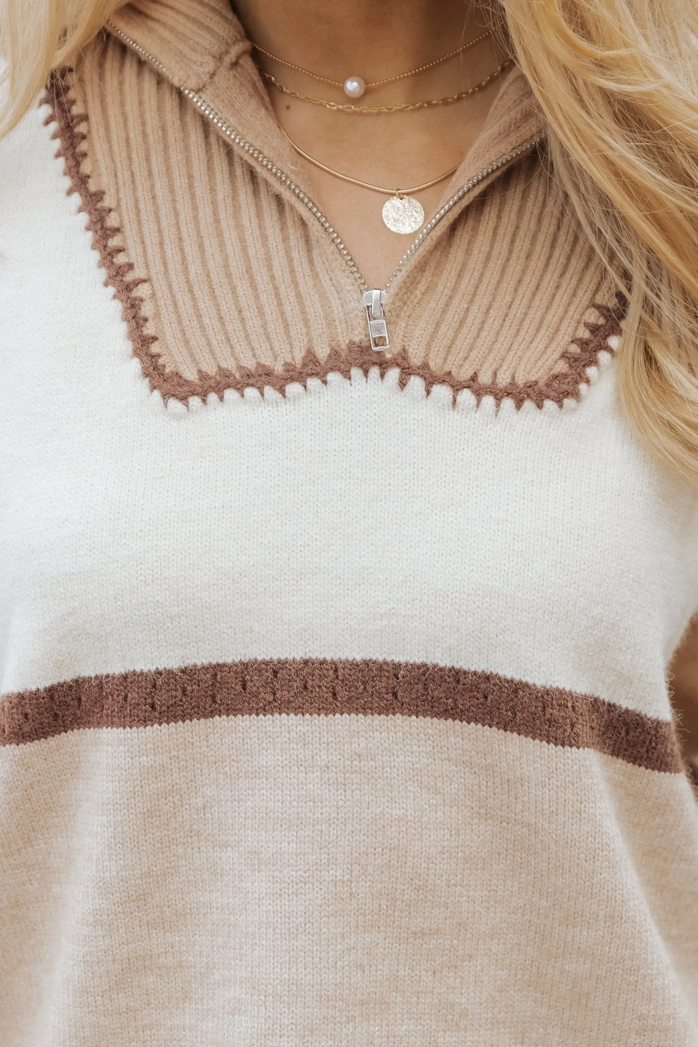 Mocha Color Block Zip Up Sweater - DOORBUSTER