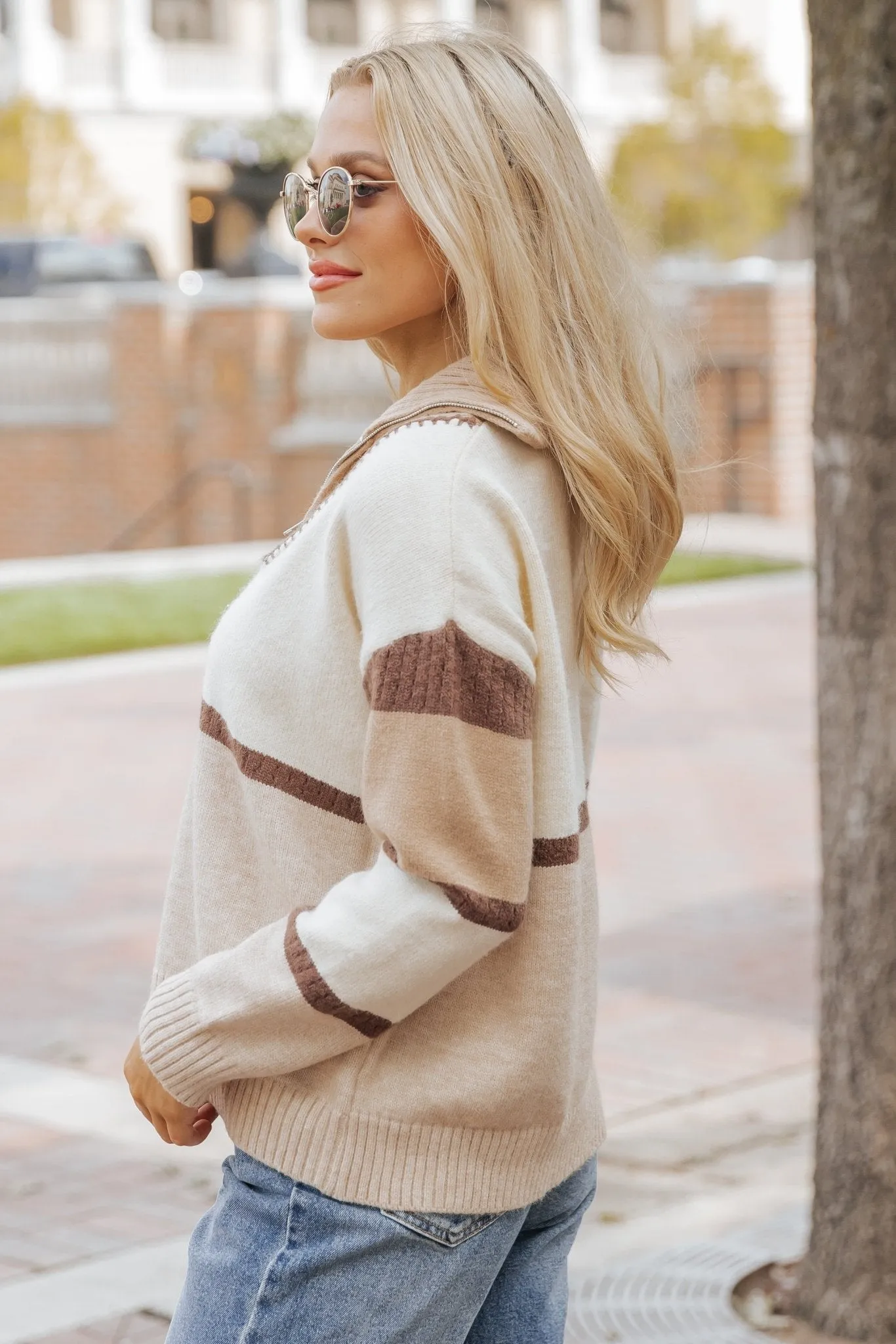 Mocha Color Block Zip Up Sweater - DOORBUSTER