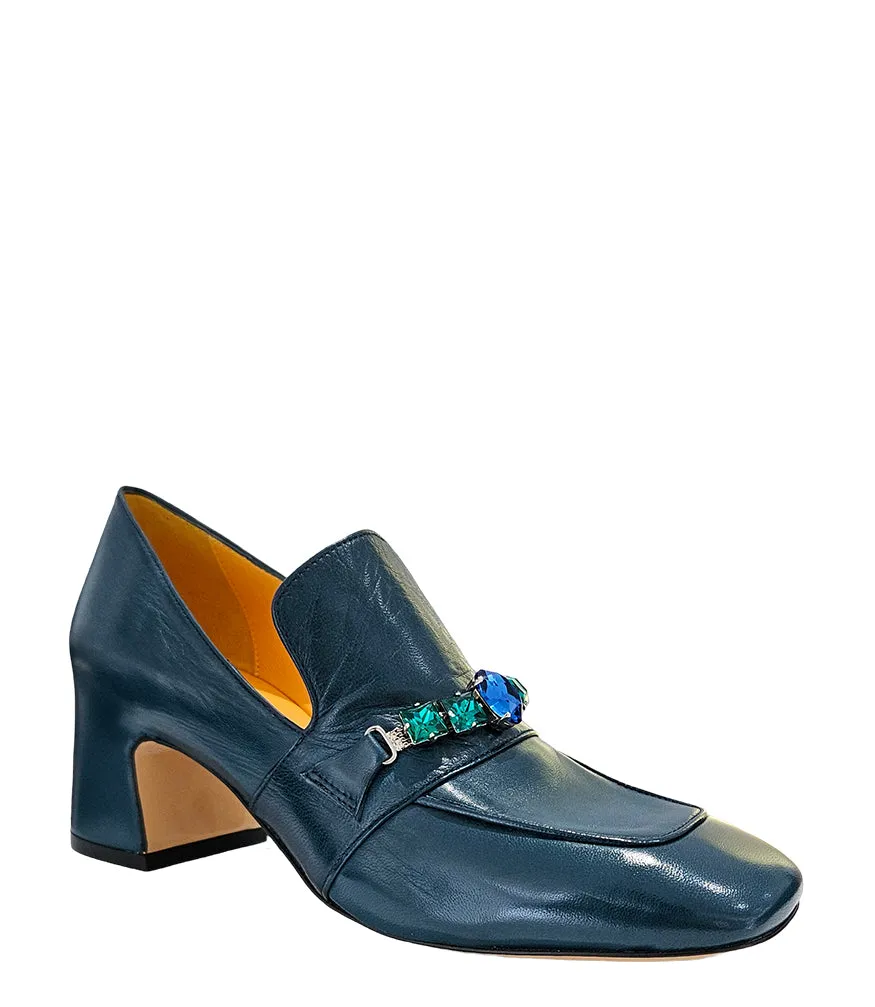 Navy Leather Mid Heel Jeweled Loafer