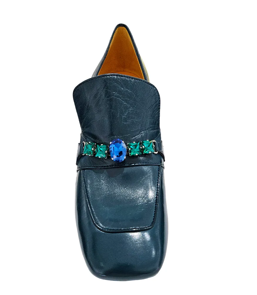 Navy Leather Mid Heel Jeweled Loafer