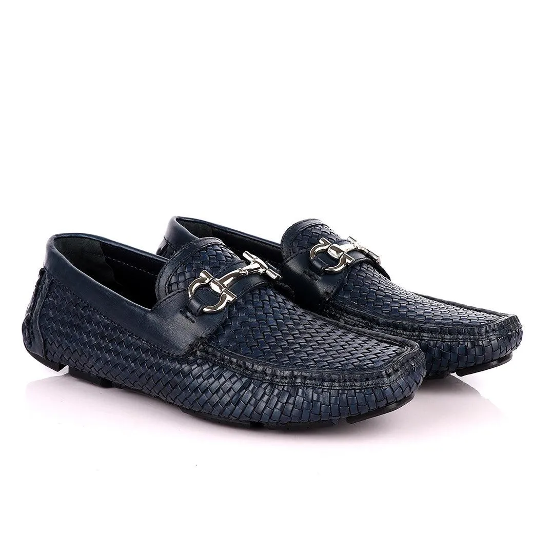 Salvatore Ferragamo Men's Woven Leather Sardegna NavyBlue Driver