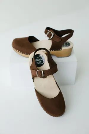 'Stockholm' Wood Heel Clogs in Deep Brown