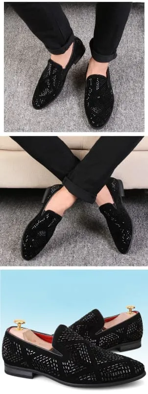 Stylish Black Velvet Loafers with Geometric Cutouts and Gold Accents