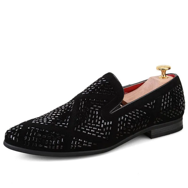 Stylish Black Velvet Loafers with Geometric Cutouts and Gold Accents