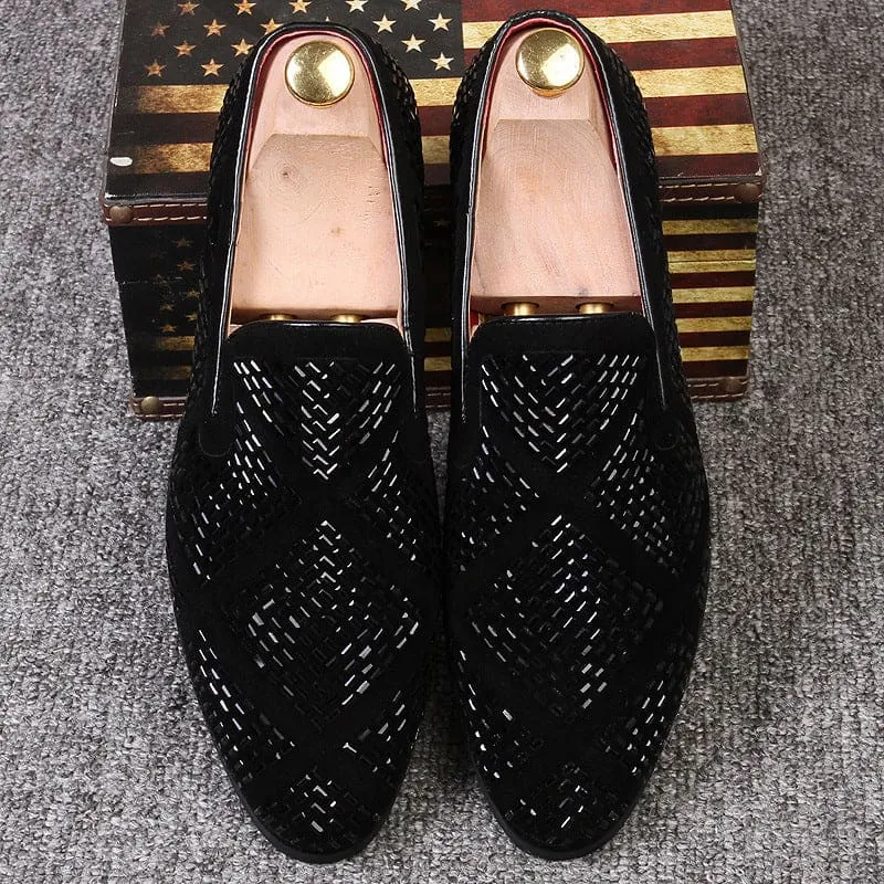 Stylish Black Velvet Loafers with Geometric Cutouts and Gold Accents