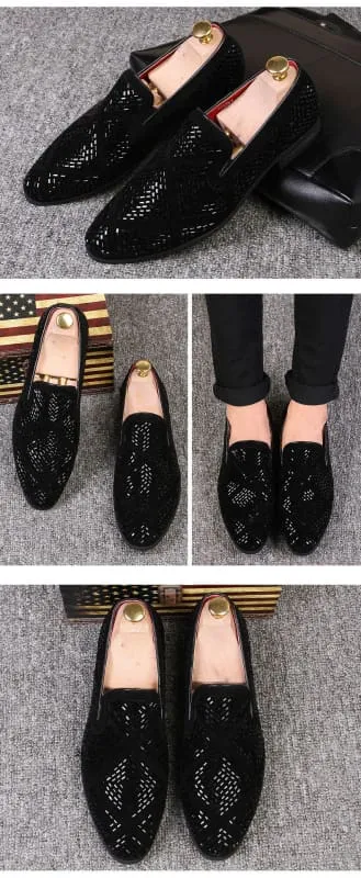 Stylish Black Velvet Loafers with Geometric Cutouts and Gold Accents