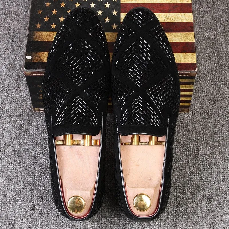 Stylish Black Velvet Loafers with Geometric Cutouts and Gold Accents