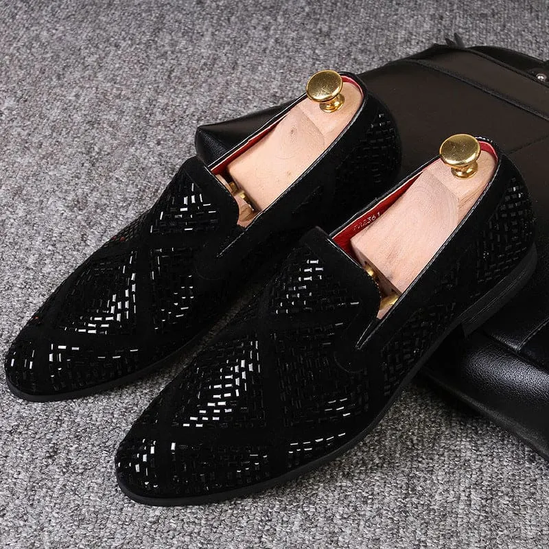 Stylish Black Velvet Loafers with Geometric Cutouts and Gold Accents